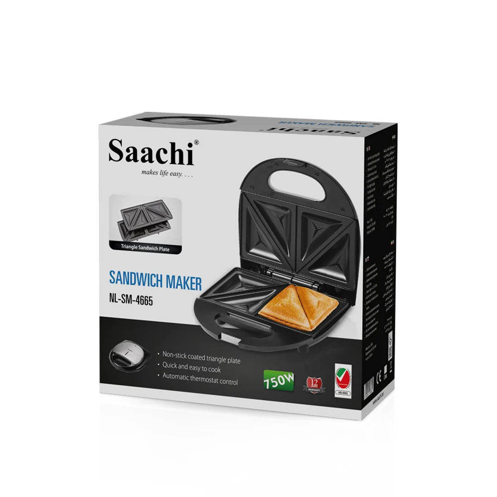Saachi NL-SM-4665-BK 2-Slice Sandwich Maker, 750W, Non-Stick Triangle Plates, Automatic Thermostat, Power and Ready Indicators, Cool-Touch Locking Handle, Non-Slip Feet & Vertical Storage – Black