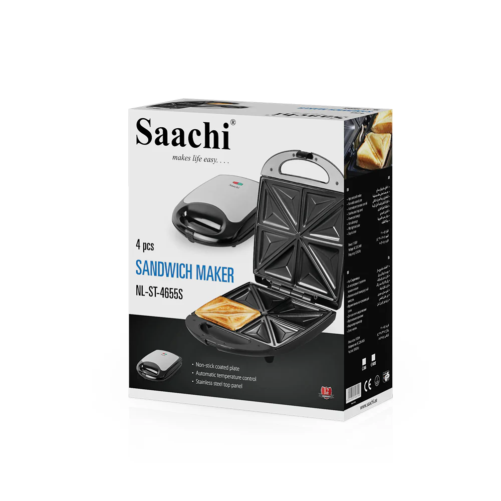 Saachi NL-ST-4655S-BK 4-Slice Sandwich Maker, 1100W, 4-Sandwich / 8-Triangle Capacity, Non-Stick Plates, Automatic Thermostat, Power & Ready Indicators, Safety Lock, Vertical Storage – Black 4