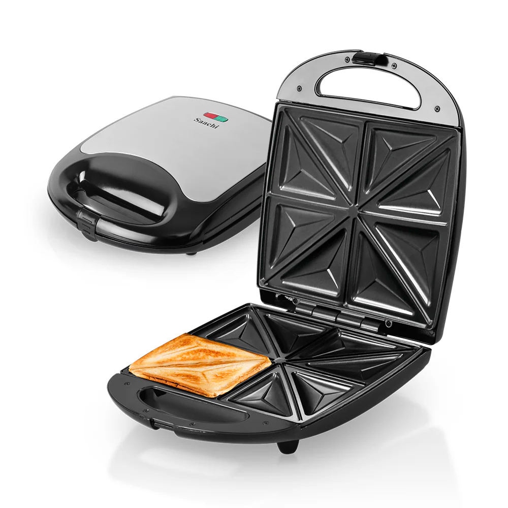 Saachi NL-ST-4655S-BK 4-Slice Sandwich Maker, 1100W, 4-Sandwich / 8-Triangle Capacity, Non-Stick Plates, Automatic Thermostat, Power & Ready Indicators, Safety Lock, Vertical Storage – Black