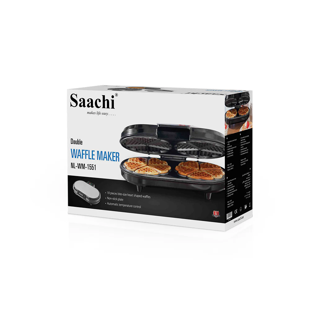 Saachi NL-WM-1551-BK Double Waffle Maker, 1200W, 2 Waffles with 10 Mini Heart-Shaped Pieces, Non-Stick Plates, Automatic Temperature Control & Cool-Touch Housing – Black 3