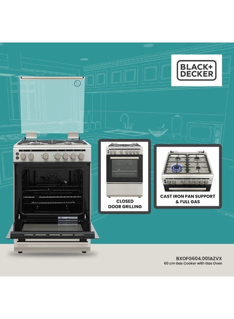 BLACK+DECKER 60 cm Freestanding Gas Cooker with Gas Oven & Grill BXOFG604.001AZVX (Stainless Steel)