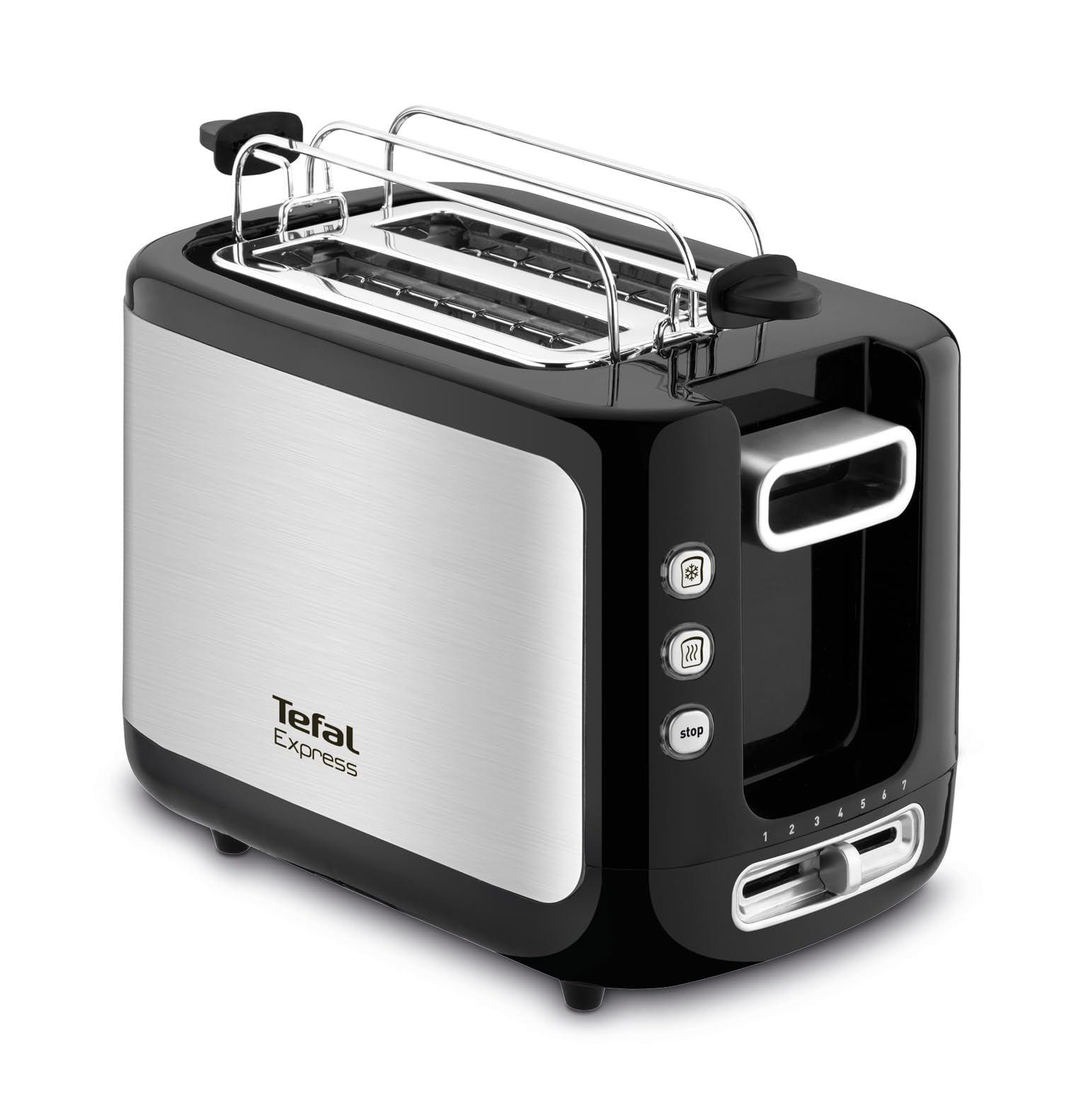 TEFAL Express 2-Slice Toaster, 850W, 7 Browning Levels, Wide Variable Slots, Defrost, Reheat and Cancel Functions, High-Lift Lever, Removable Crumb Tray, Bun Warmer Accessory, Jet Black/Stainless Steel – TT365027