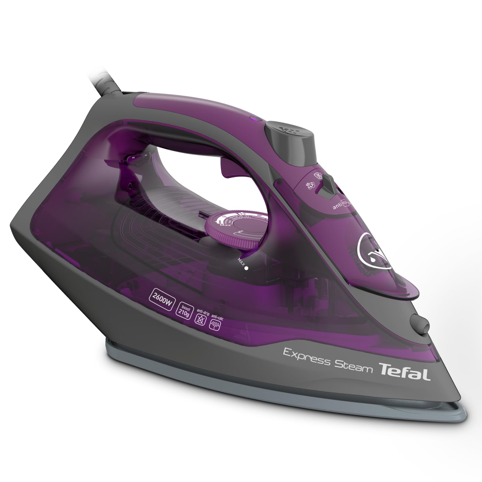 TEFAL Express Steam Iron, 2600W, 45g/min Continuous Steam, 210g Steam Boost, Ceramic Soleplate, 270ml Water Tank, Anti-Drip, Vertical Steam, Anti-Scale Setting, Purple/Grey – FV2843M0