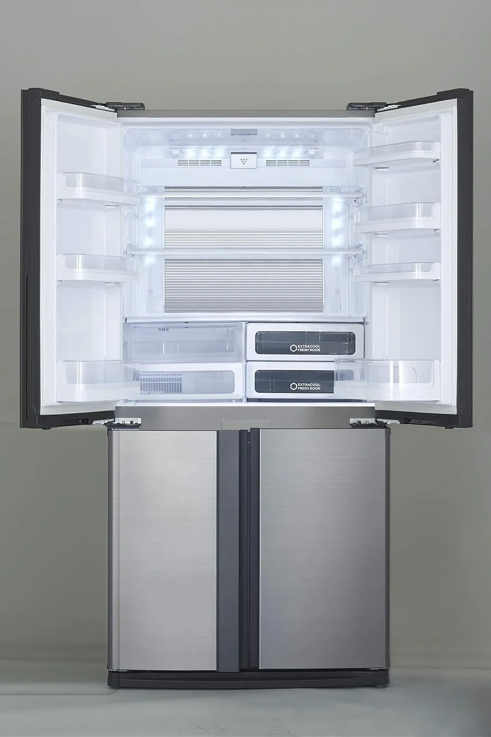 Sharp SJ-FE87V-SS3 Four-Door French-Door Refrigerator, 724L Gross / 605L Net Capacity, J-Tech Inverter, Plasmacluster Ion Technology, AgCu Nano Deodorizer, Hybrid Cooling, Express Freezing, Silver Stainless Steel 3