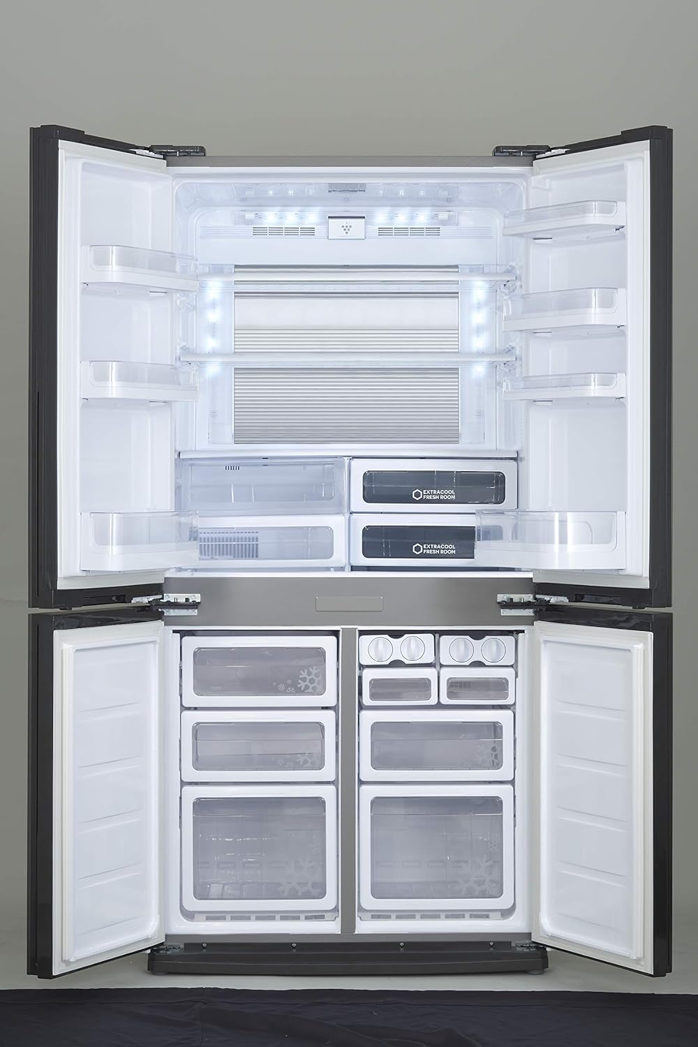 Sharp SJ-FE87V-SS3 Four-Door French-Door Refrigerator, 724L Gross / 605L Net Capacity, J-Tech Inverter, Plasmacluster Ion Technology, AgCu Nano Deodorizer, Hybrid Cooling, Express Freezing, Silver Stainless Steel