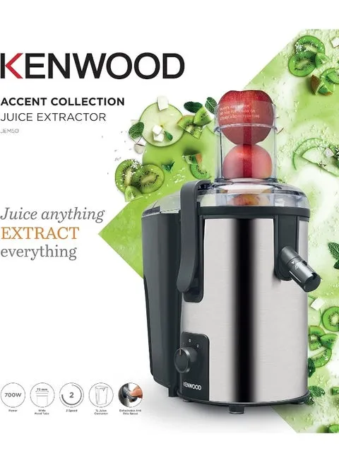 Kenwood Juicer Stainless Steel Juice Extractor with 75mm Wide Feed Tube, 2 Speed, Anti Drip, 700W, JEM50.000BS, Silver