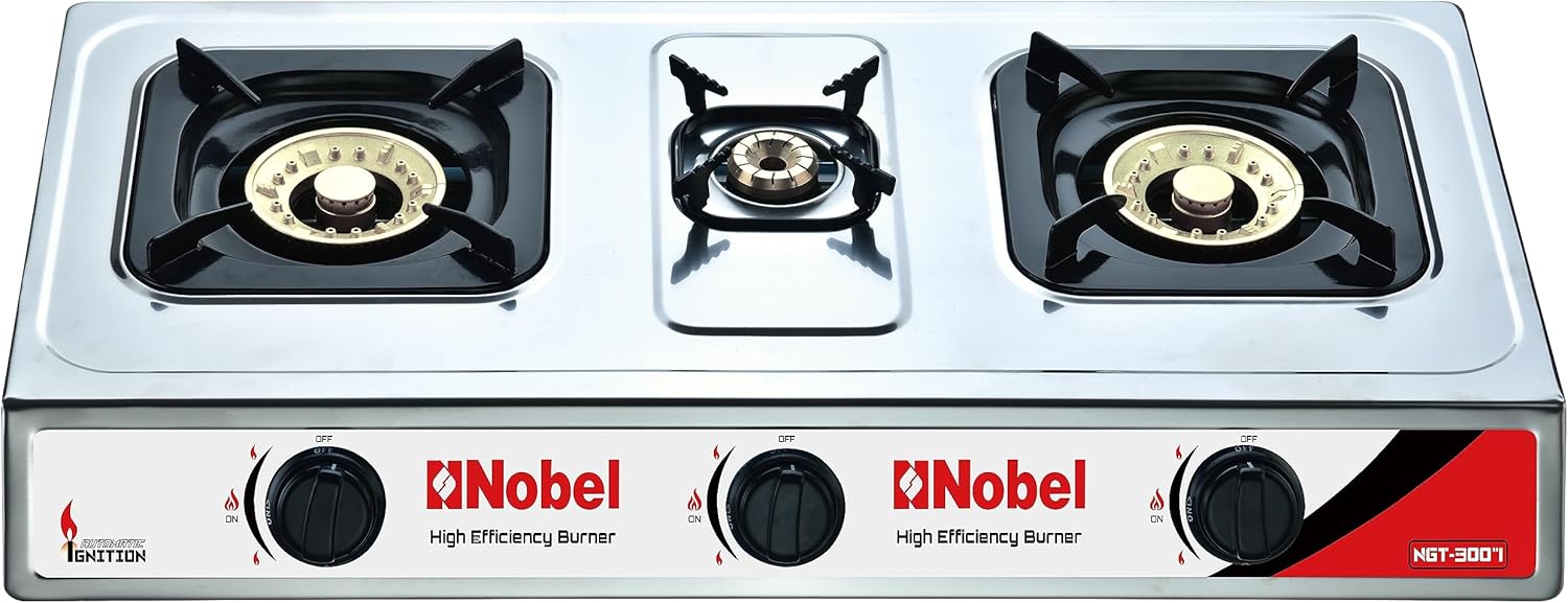 Nobel 3 Gas Burner/3 Brass Burners Gas Stove Cold Steel Paint Finish Look and Piezo Ignition, with 90mm Single Burner, 40mm Single Burner, 90mm Double Brass Cover, NGT3007 with 1 Year Warranty Visit the Nobel Store
