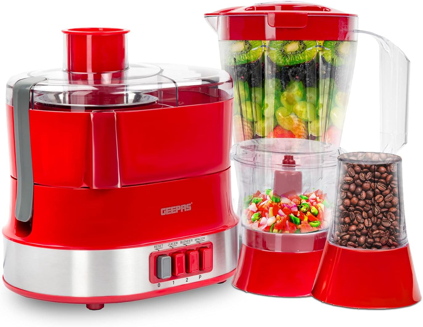 Geepas GSB9990 4-in-1 Multi-Function Food Processor, 800W Full-Copper Motor, 1.5L Juicer and Blender Jar, Grinder and Chopper Attachments, 2-Speed Control with Pulse, Stainless Steel Blades and Filter, Safety Interlock – Assorted Colour