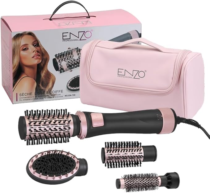 ENZO Professional EN-756 New 2025 Auto Multi Styling Set – 5-in-1 Hair Styler with Auto Rotating Technology, 3 Volumizing Brushes, Oval Massage Comb & Soft Leather Travel Bag (International Version)