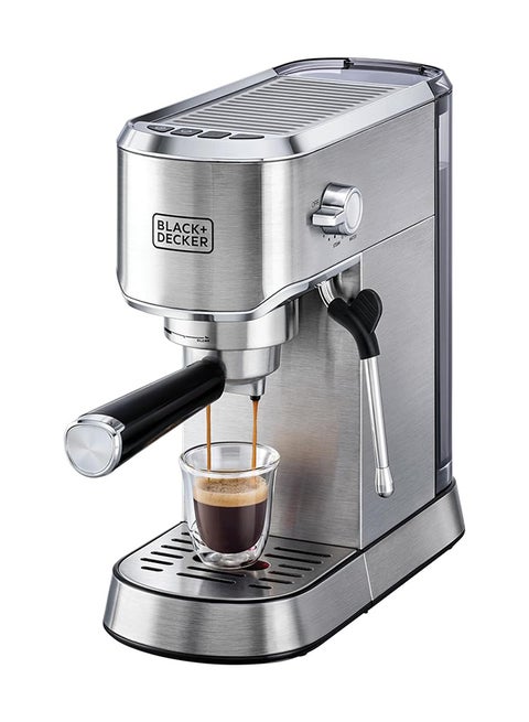 BLACK+DECKER 15-Bar Espresso Coffee Machine with Milk Frother, Thermo Block Heating, 1L, 1450W, ECM150-B5 (Silver)
