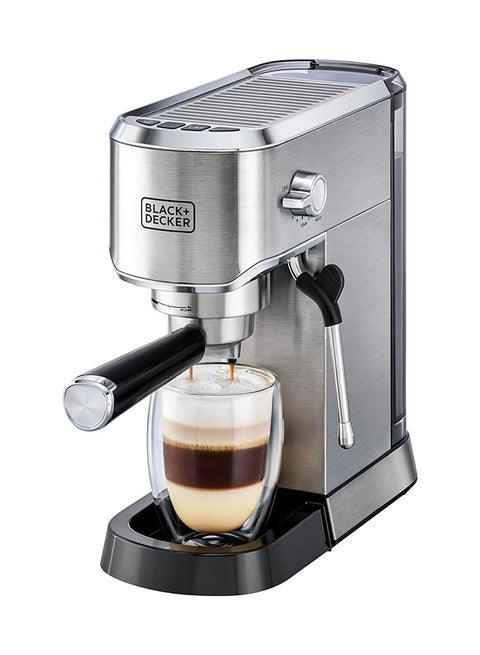 BLACK+DECKER 15-Bar Espresso Coffee Machine with Milk Frother, Thermo Block Heating, 1L, 1450W, ECM150-B5 (Silver)