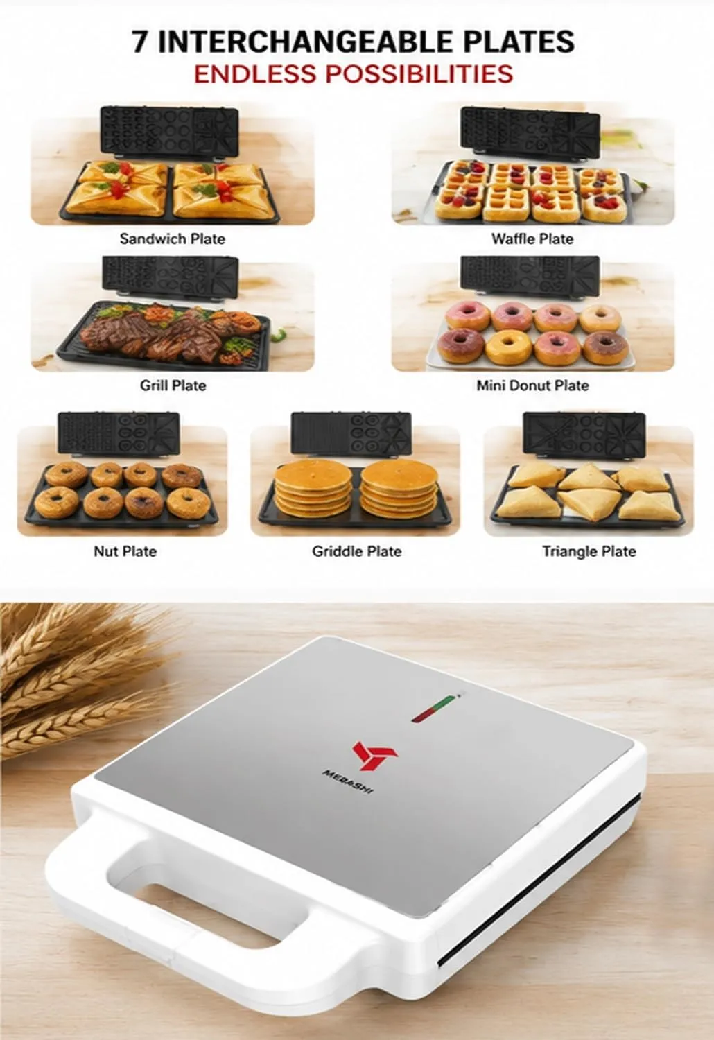 Mebashi ME-SNM618WT 7-in-1 Multi Snack Maker, 1400W, 4-Slice, White Steel 3