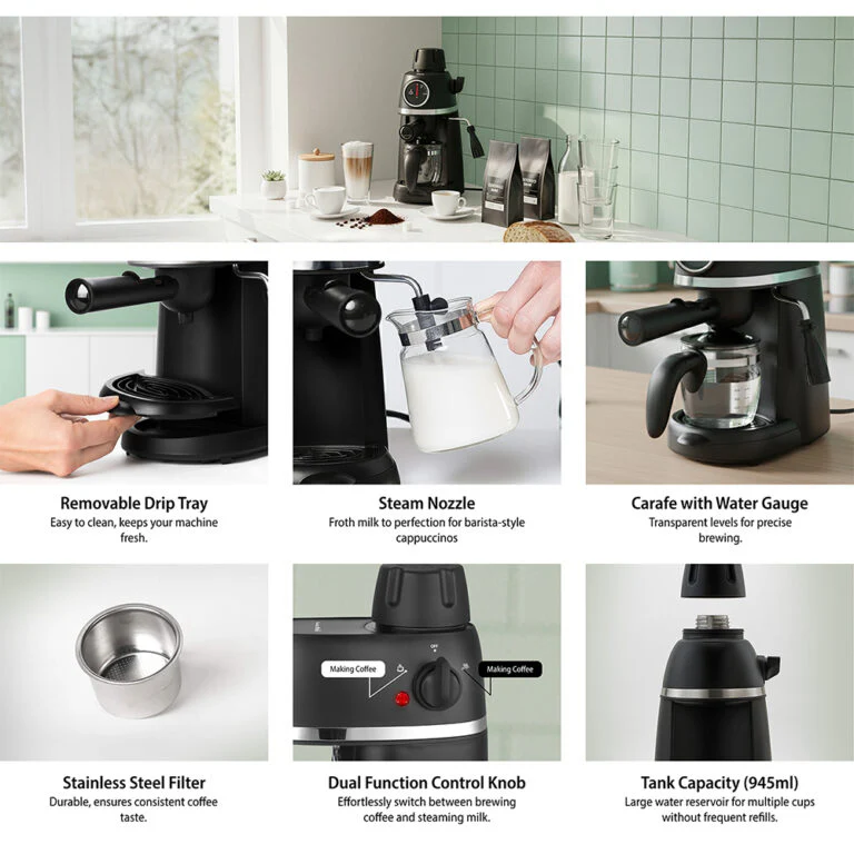 Saachi 3.5-Bar Espresso Coffee Maker NL-COF-7047-BK, 2-4 Cups 240ml, Cappuccino & Latte Machine, Steam Frother, Stainless Steel Filter, 800W 3