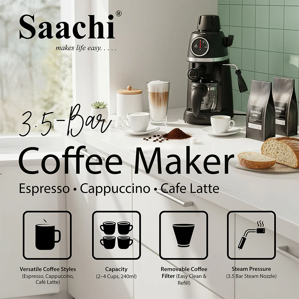Saachi 3.5-Bar Espresso Coffee Maker NL-COF-7047-BK, 2-4 Cups 240ml, Cappuccino & Latte Machine, Steam Frother, Stainless Steel Filter, 800W 4