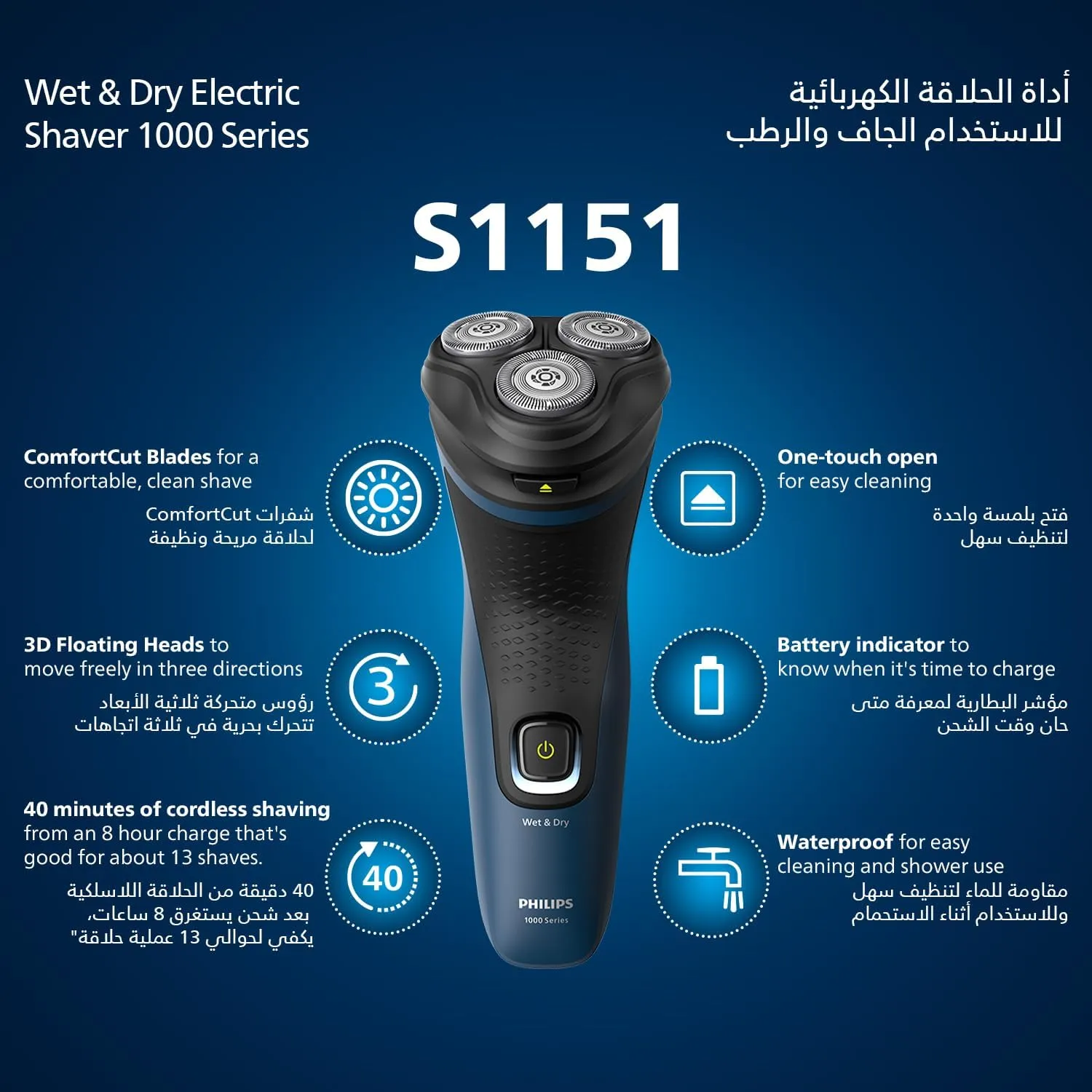 Philips Shaver 1000 Series Wet & Dry Electric Shaver S1151/00, 2 Years Warranty