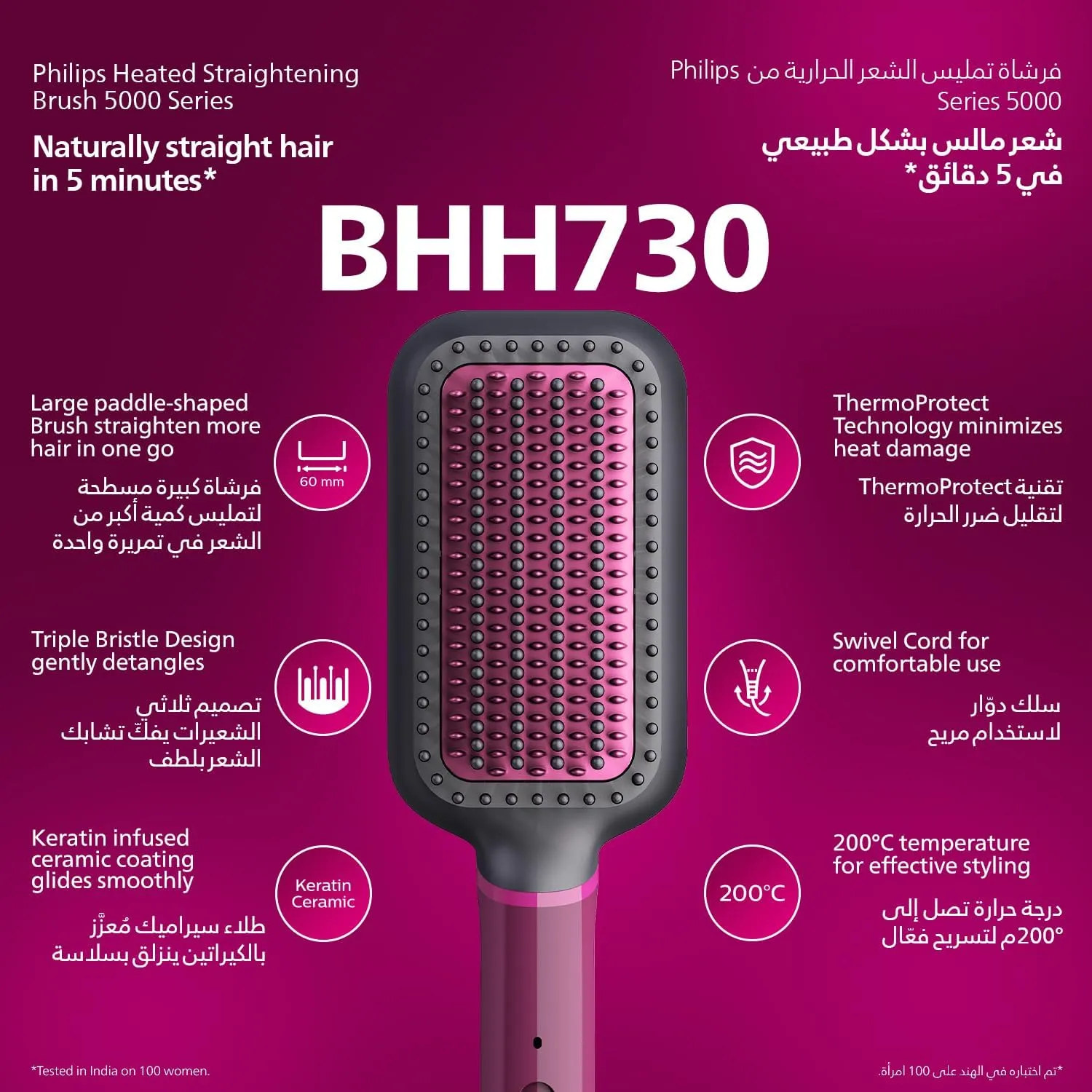 Philips Heated straightening brush BHH730/03|Naturally straight hair in 5 minutes| Keratin infused ceramic coating|1 temperature mode| Triple bristle detangles and protect the scalp