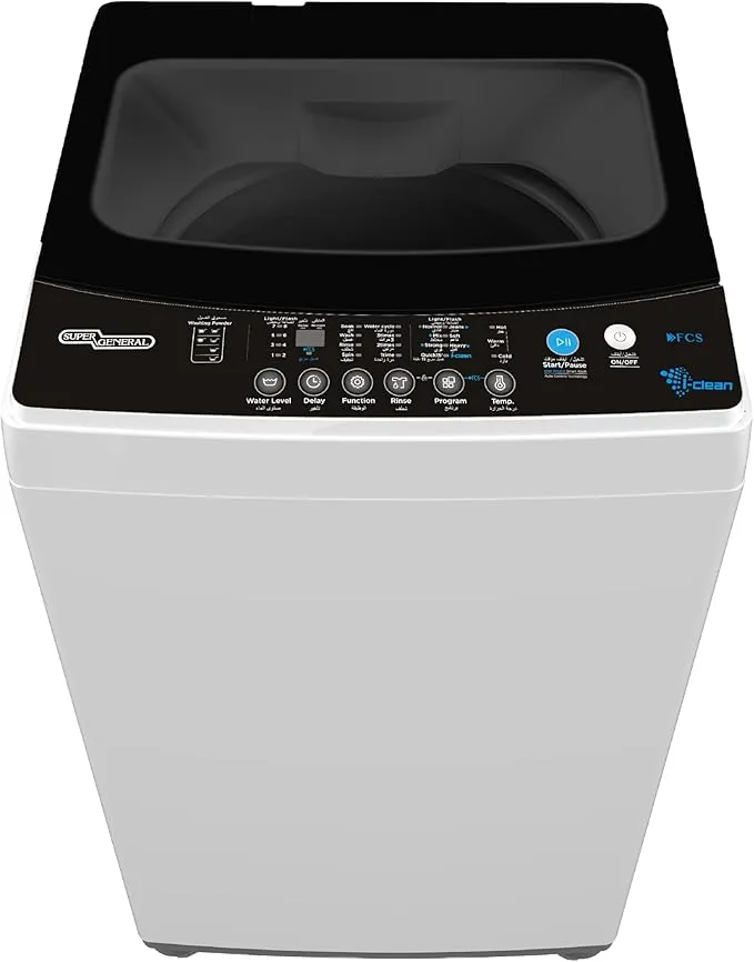 Super General 7.5Kg Fully Automatic Top Load Washing Machine 680 RPM With Soft Close Glass Lid, LED Display, Auto Balance & Drum Clean SGW755 White-Black