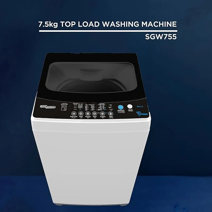 Super General 7.5Kg Fully Automatic Top Load Washing Machine 680 RPM With Soft Close Glass Lid, LED Display, Auto Balance & Drum Clean SGW755 White-Black
