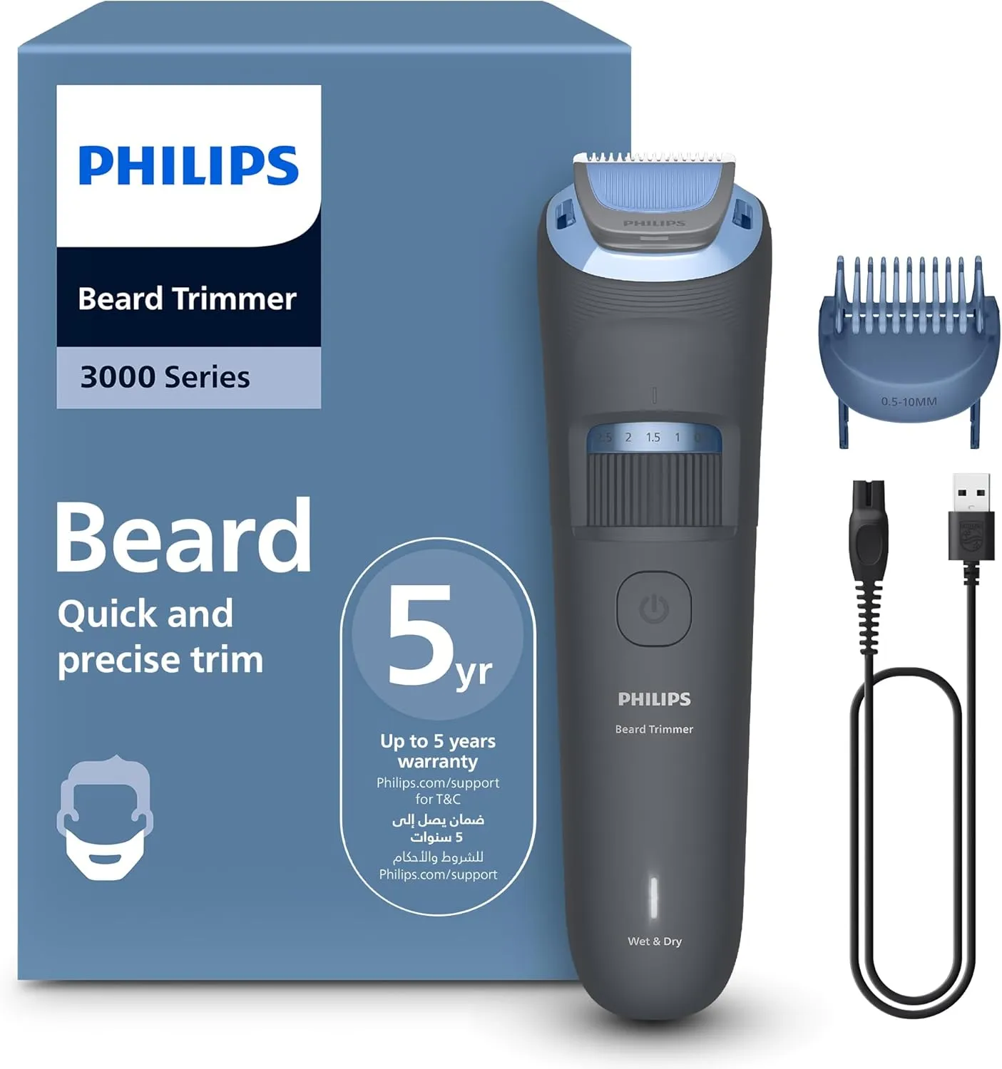 Philips Beard Trimmer BT3617/15 | 20 length settings 0.5–10 mm | Comb lifts hairs for an even trim | 100% washable | 60 min cordless | USB-A charging