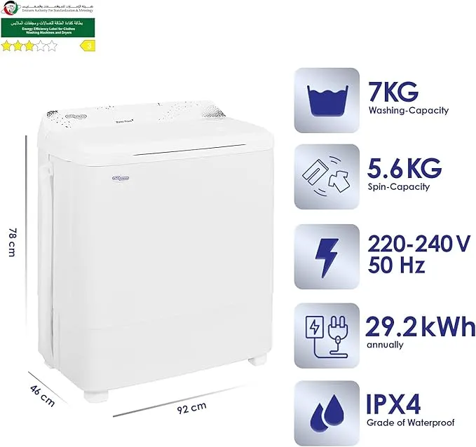 Super General 7Kg Twin Tub Semi-Automatic Washing Machine With Lint Filter & Spin Dry SGW77N White 2