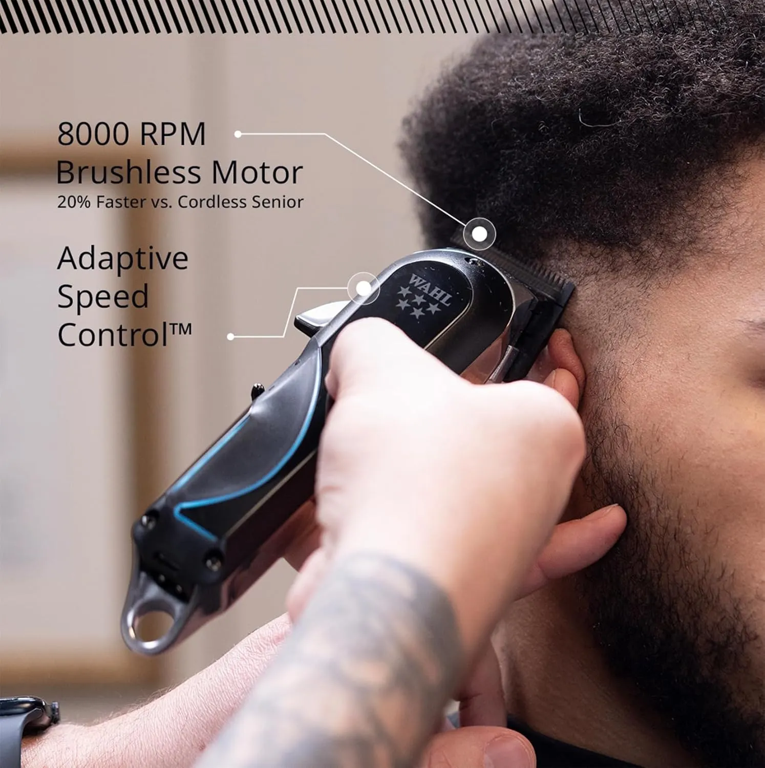 Wahl Senior 2.0 Cord/Cordless Hair Clipper with 8000 RPM Adaptive Speed Motor, DLC High‑Carbon Steel Blade, Click/Free‑Flow Taper Lever, 7 Premium Guide Combs & Power Station 3