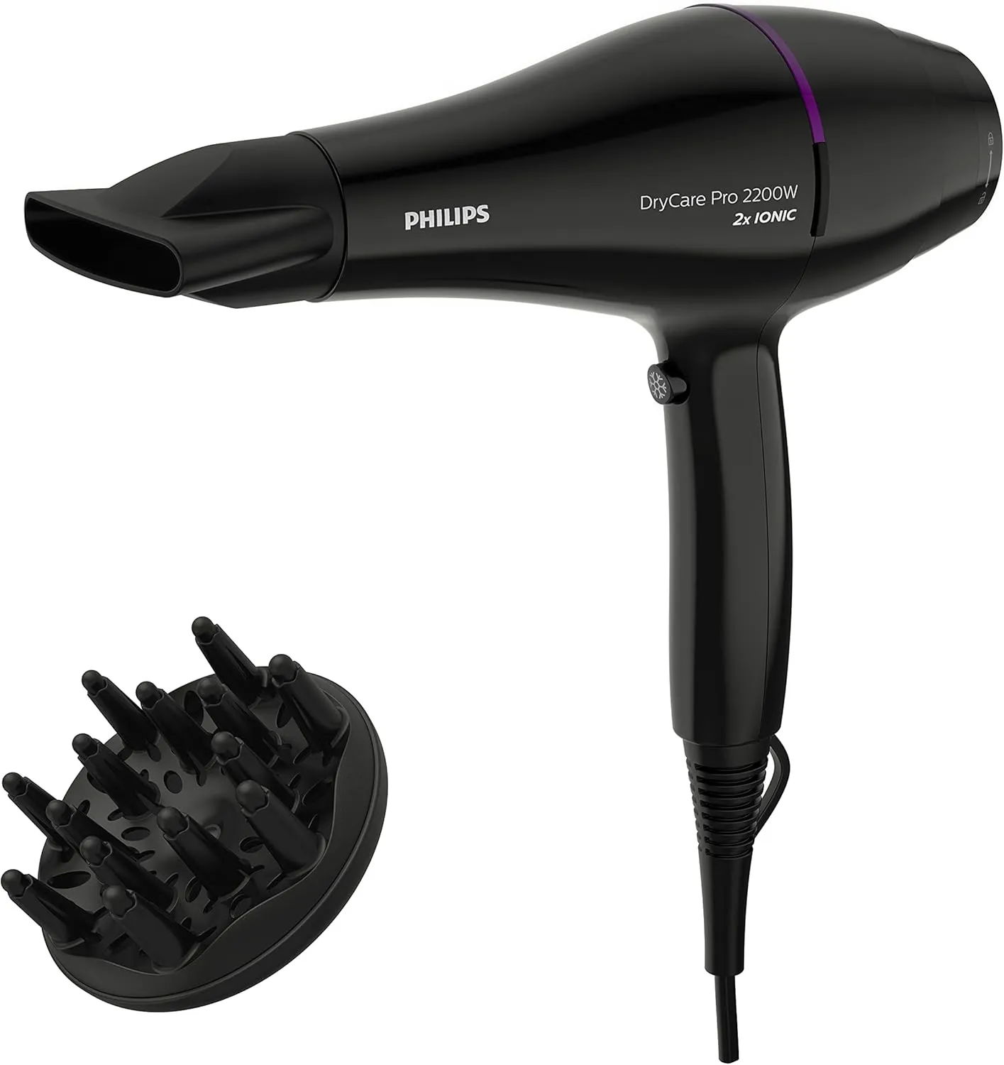 Philips Pro Hairdryer BHD274/03 | 2200W| AC motor| Drying Speed up to 130 km/h*|Thermoprotect & CoolShot |6 Heat/Speed settings |2 attachements (Narrow nozzle & volume diffuser)| 2x more ions