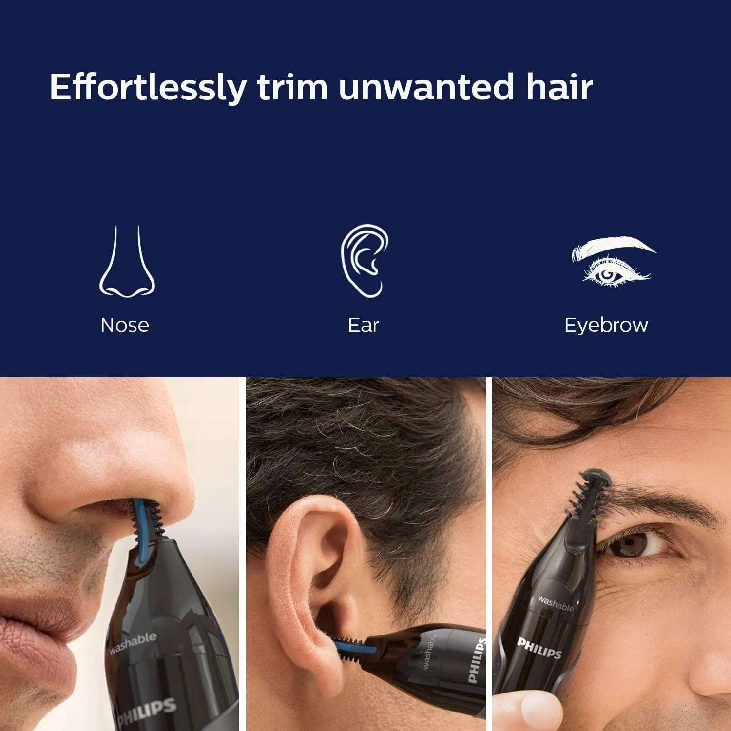 PHILIPS Nose Trimmer Nt3650/16, Cordless Nose, Ear & Eyebrow Trimmer with Protective Guard System, Fully Washable, Including AA Battery, 2 Eyebrow Combs, Pouch Gray 2