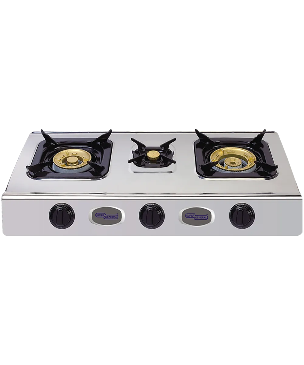 Super General 3 Burner Table Top Gas Stove With Stainless Steel Body, Brass Burner Caps, Manual Ignition & Rubber Legs SGB03SS Silver