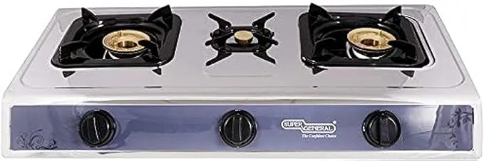 Super General 3 Burner Table Top Gas Stove With Stainless Steel Body, Brass Burner Caps, Manual Ignition & Rubber Legs SGB03SS Silver