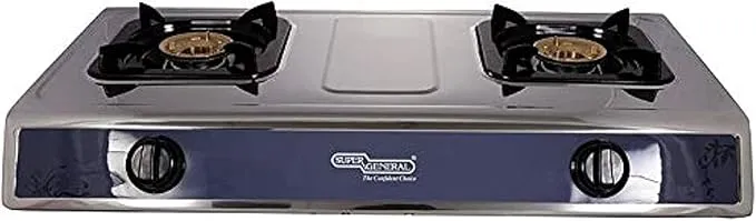 Super General 2 Burner Table Top Gas Stove With Stainless Steel Body, Brass Burner Caps, Auto Ignition & Rubber Legs SGB02SS Silver