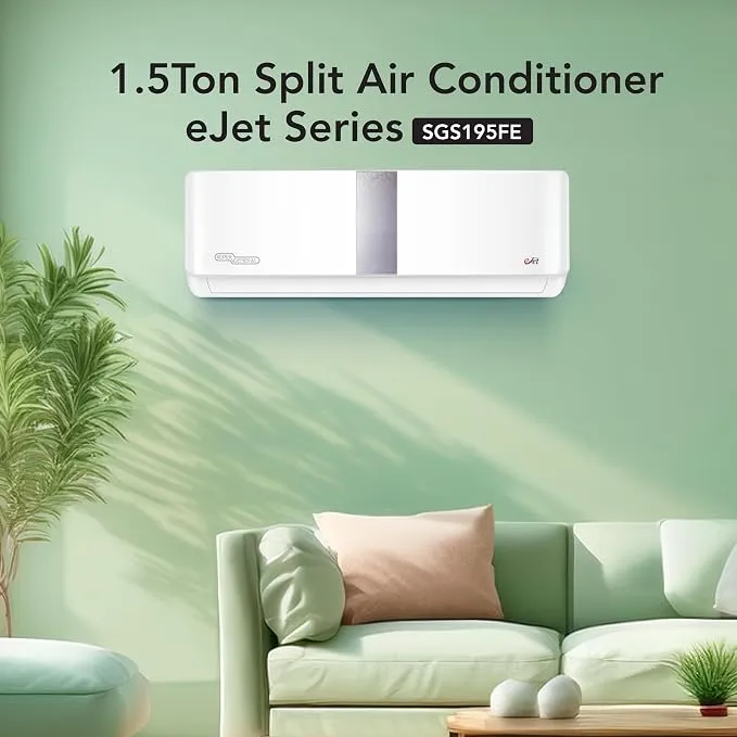 Super General 1.5 Ton (18000 BTU) Rotary Split Air Conditioner With Rotary Compressor, T3 Climate, R410A Refrigerant, 4 Way Swing, Turbo Mode, Gold Fin, Follow Me Function, High Density Filter, Auto Restart, Self Clean & Digital Display SGS195FE White