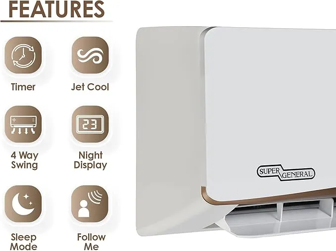 Super General 1.5 Ton (20000 BTU) Piston Split Air Conditioner With Reciprocating Compressor, T3 Climate, R410A Refrigerant, 4 Way Swing, Jet Cooling, Gold Fin, Auto Leakage Detection, Follow Me Function, Self Clean, High Density Filter & Hidden Display SGS191CN White 3