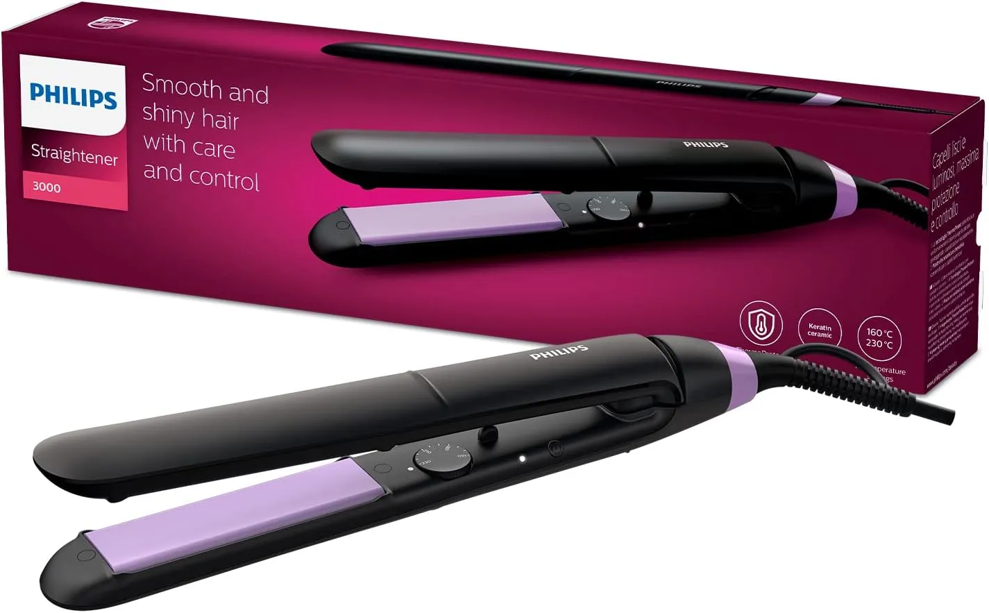Philips StraightCare Essential ThermoProtect Straightener, ThermoProtect Technology, Keratin-infused Plates, 10 Temperature Settings, Temperature Range From 160°C up to 230°C - BHS377/00