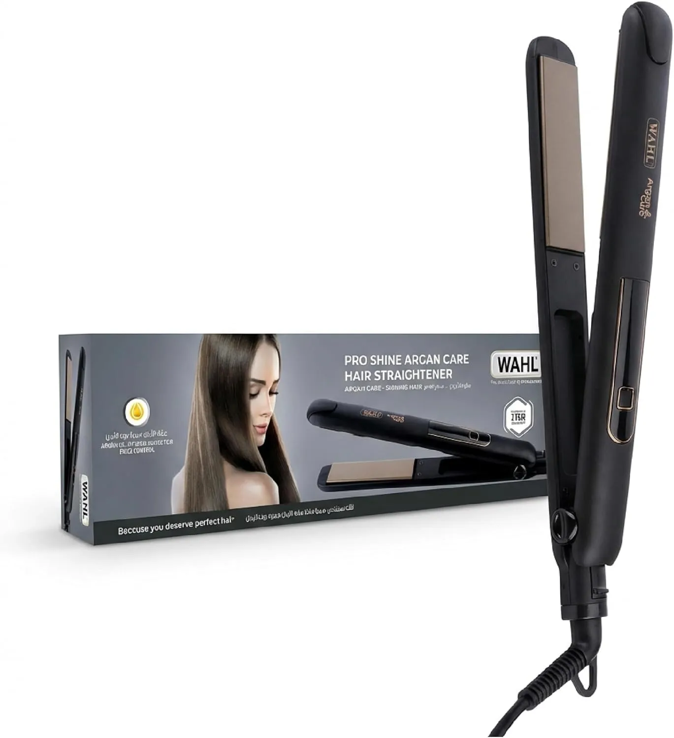 Wahl Pro Shine Argan Care Hair Straightener & Curler | Argan Oil Infused Ceramic Plates | Anti-Frizz Shine | LED Display | 180°C–230°C | Auto Shut-Off | 3m Professional Cord – 05316-027