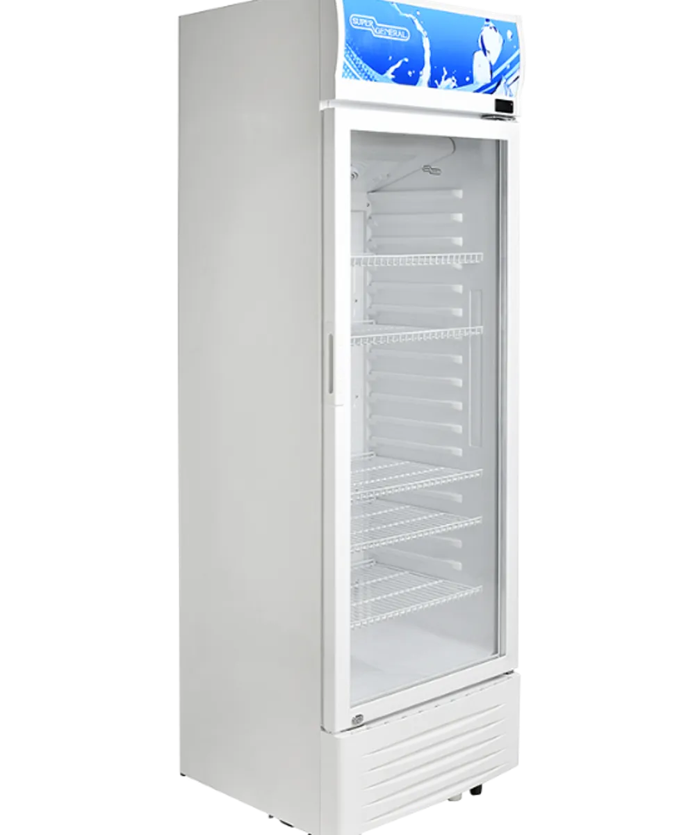 Super General SGSC398 338L Single Door Showcase Chiller, Commercial Beverage Display Refrigerator with Glass Door, 4 Wired Shelves, Lock & Key, R600a Refrigerant, White