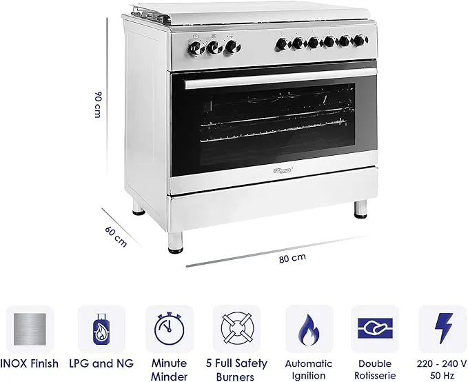 Super General 90×60 Freestanding 5 Burner Gas Cooker – SGC9603FSHG Stainless Steel with Gas Oven, Rotisserie, Auto Ignition & Thermostat