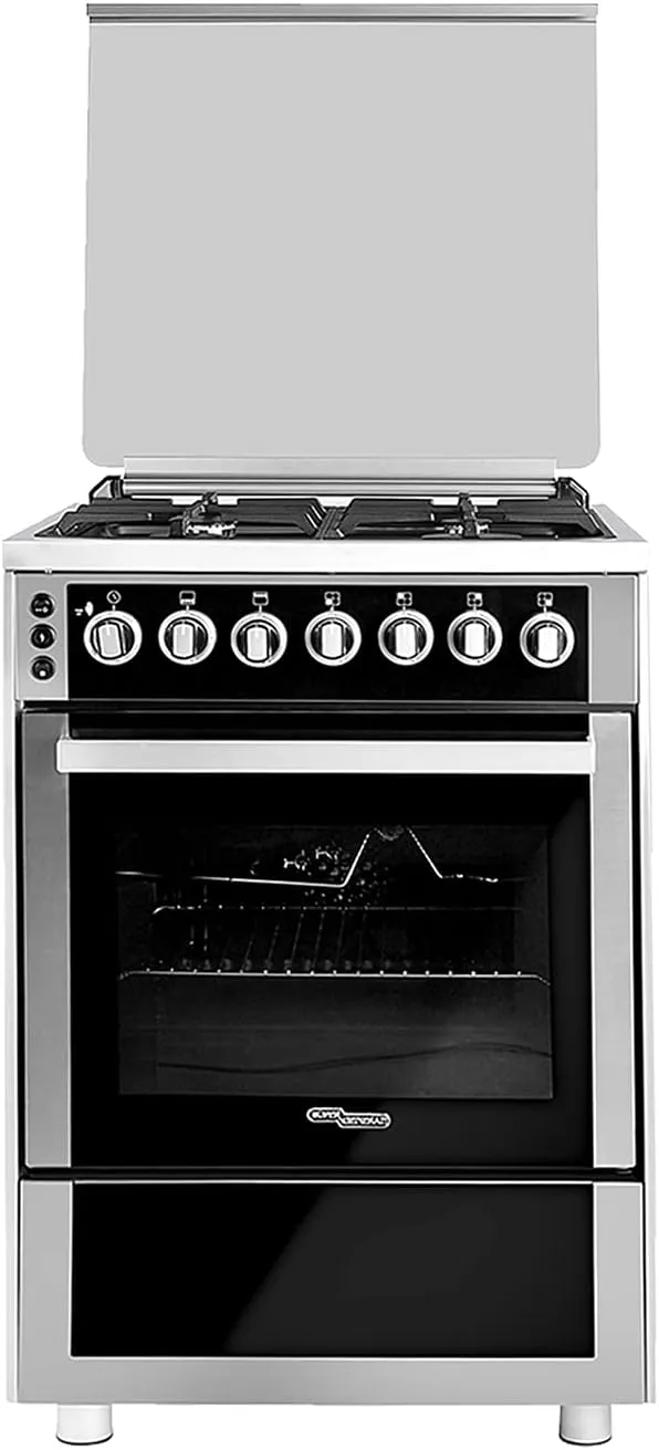 Super General 60×60 Freestanding 4 Burner Gas Cooker – SGC616FSBGOF Stainless Steel & Black Glass with Gas Oven, Grill, Turbo Fan, Auto Ignition and Double Glass Door