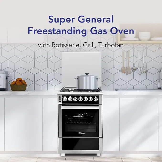 Super General 60×60 Freestanding 4 Burner Gas Cooker – SGC616FSBGOF Stainless Steel & Black Glass with Gas Oven, Grill, Turbo Fan, Auto Ignition and Double Glass Door