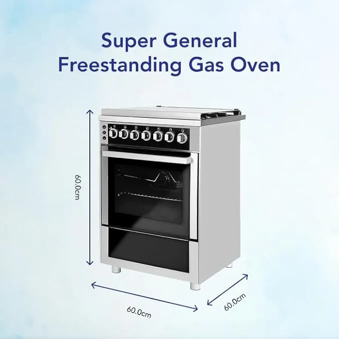 Super General 60×60 Freestanding 4 Burner Gas Cooker – SGC616FSBGOF Stainless Steel & Black Glass with Gas Oven, Grill, Turbo Fan, Auto Ignition and Double Glass Door 4