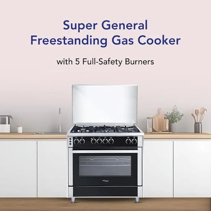 Super General 90×60 5 Burner Freestanding Gas Cooker – SGC916FSBGOF Stainless Steel with Gas Oven, Gas Grill, Turbo Fan, Rotisserie, Auto Ignition & Double Glass Door