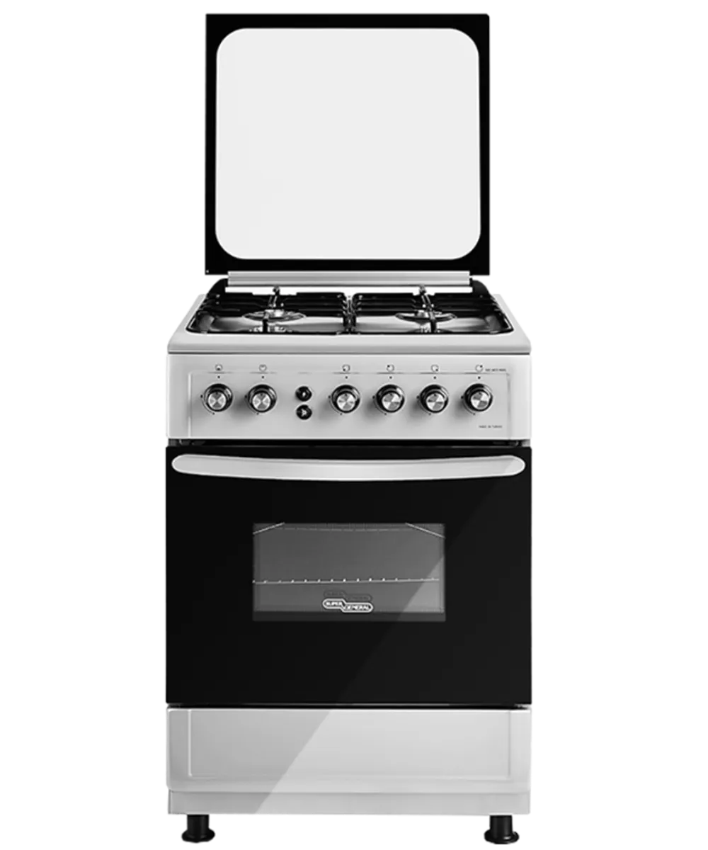Super General 60×60 Freestanding 4 Burner Gas Cooker – SGC6470MSFS Metallic Silver with Stainless Steel Hob, Gas Oven, Gas Grill, Auto Ignition & Double Glass Door