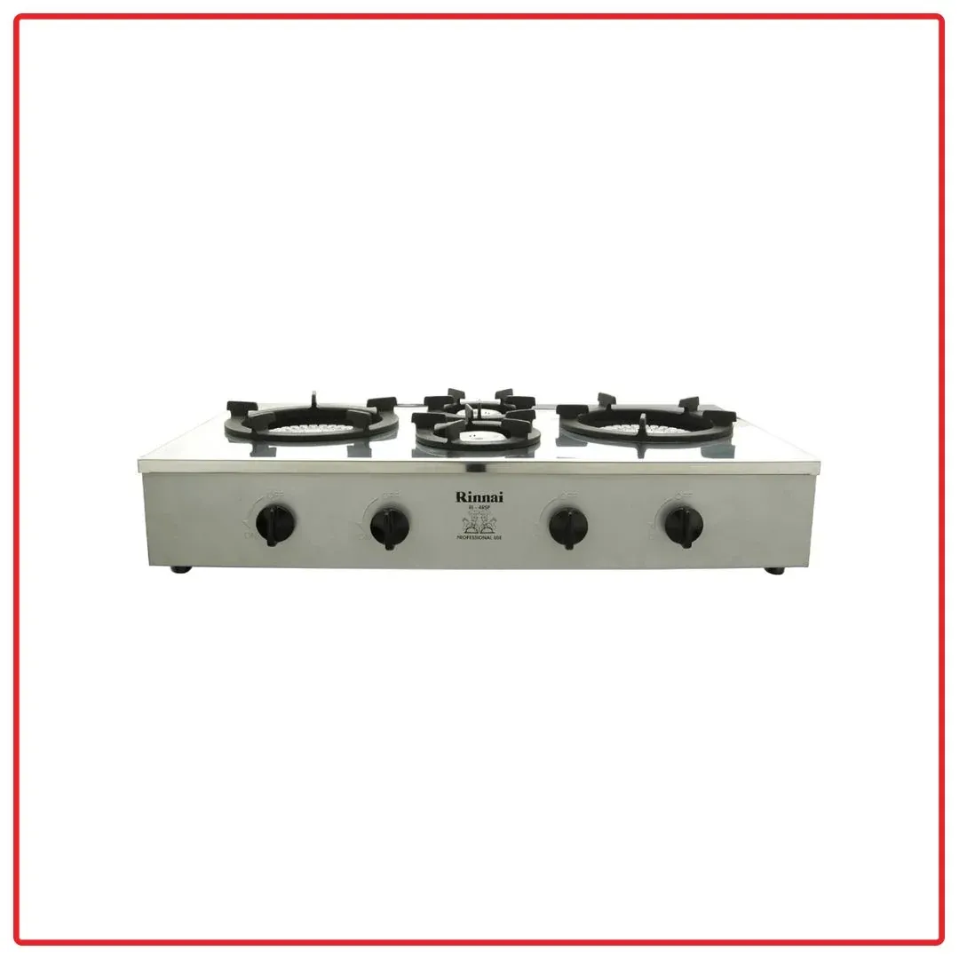 Rinnai 4 Burners Tabletop Gas Stove – RI4RSPN Stainless Steel LPG Gas Cooker with Auto Ignition, Dual High-Power Burners & Cast Iron Pan Supports