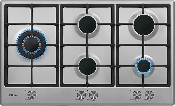 Nobel NBH9501SSH 90cm 5 Burner Built-In Gas Hob – Stainless Steel Gas Cooktop with Triple Wok Burner, Cast Iron Pan Supports, Flame Failure Device, Auto Ignition, Front Control Panel & Heavy Duty Cooking Design