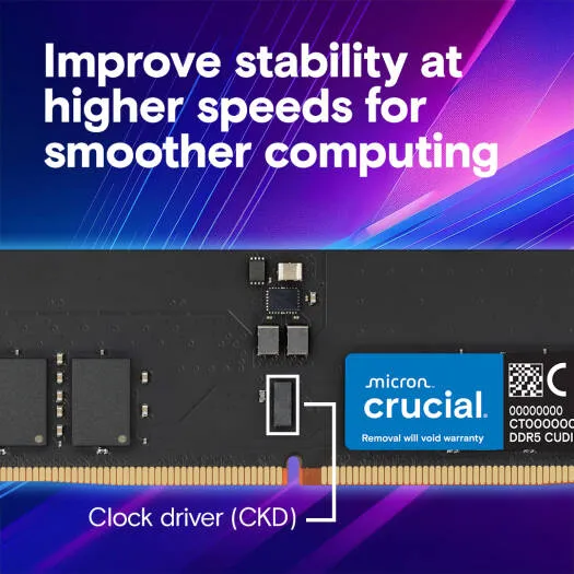 Crucial DDR5 UDIMM Desktop Memory, 32GB Capacity, 6400 MHz Memory Speed, CL52 CAS Latency, 1.1 Voltage, Unbuffered, Non-ECC | CT32G64C52CU5 4