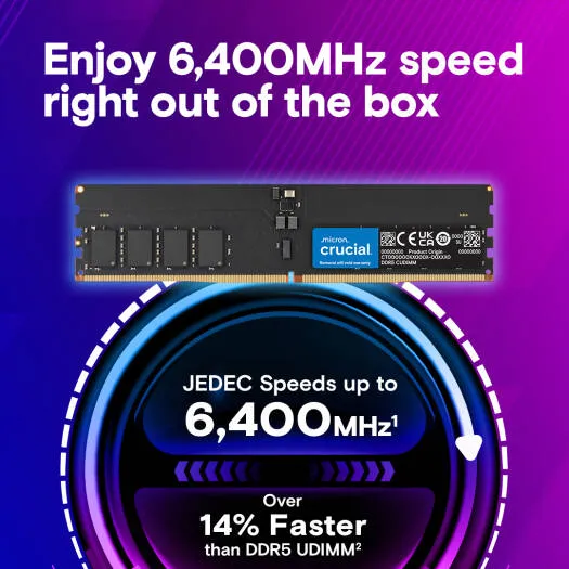 Crucial DDR5 UDIMM Desktop Memory, 32GB Capacity, 6400 MHz Memory Speed, CL52 CAS Latency, 1.1 Voltage, Unbuffered, Non-ECC | CT32G64C52CU5 2