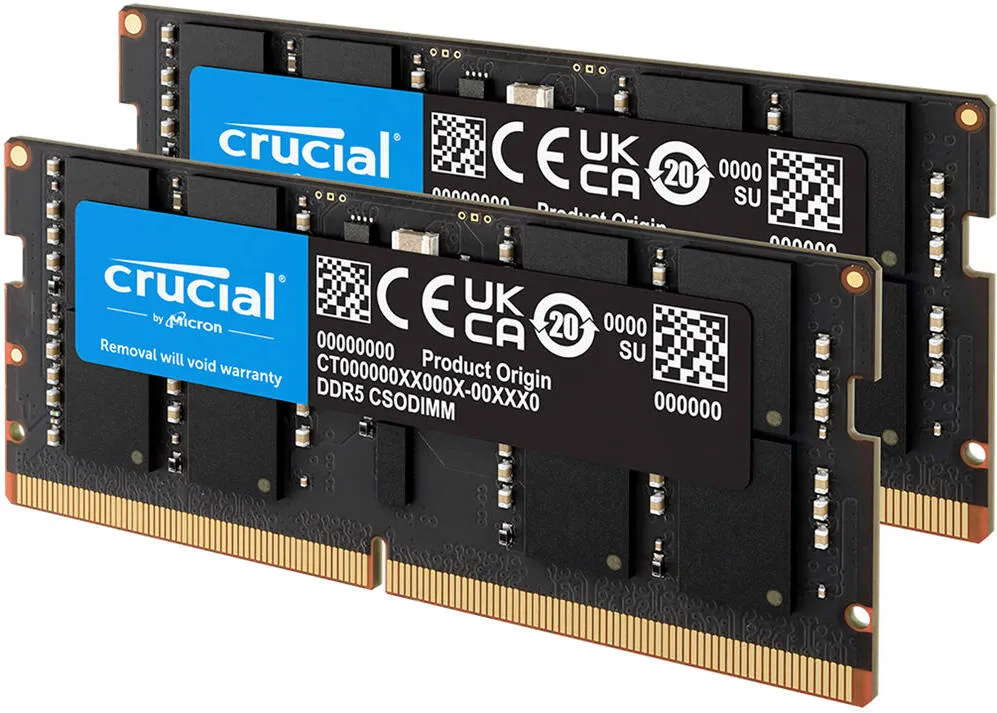 Crucial DDR5 CSODIMM Laptop Memory, 64GB (2x 32 GB) Capacity, 6400 MHz Memory Speed, CL52 CAS Latency, 262-Pin SO-DIMM, Unbuffered DIMM Type, Black | CT2K32G64C52CS5