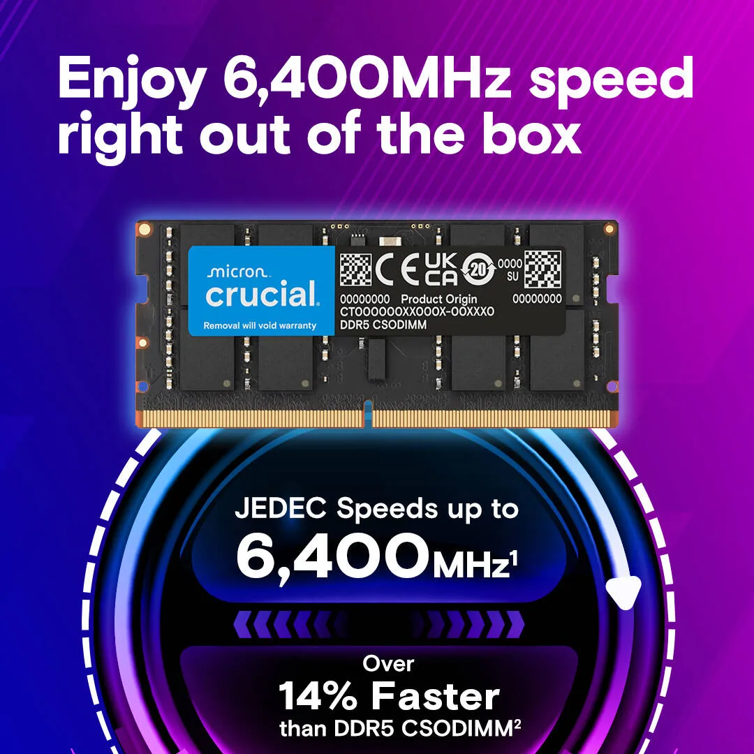 Crucial DDR5 CSODIMM Laptop Memory, 64GB (2x 32 GB) Capacity, 6400 MHz Memory Speed, CL52 CAS Latency, 262-Pin SO-DIMM, Unbuffered DIMM Type, Black | CT2K32G64C52CS5 4