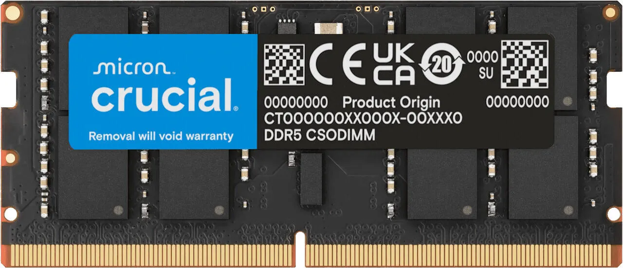 Crucial DDR5 CSODIMM Laptop Memory, 32GB Capacity, 6400 MHz Memory Speed, CL52 CAS Latency, 262-Pin SO-DIMM, Unbuffered DIMM Type, Black | CT32G64C52CS5