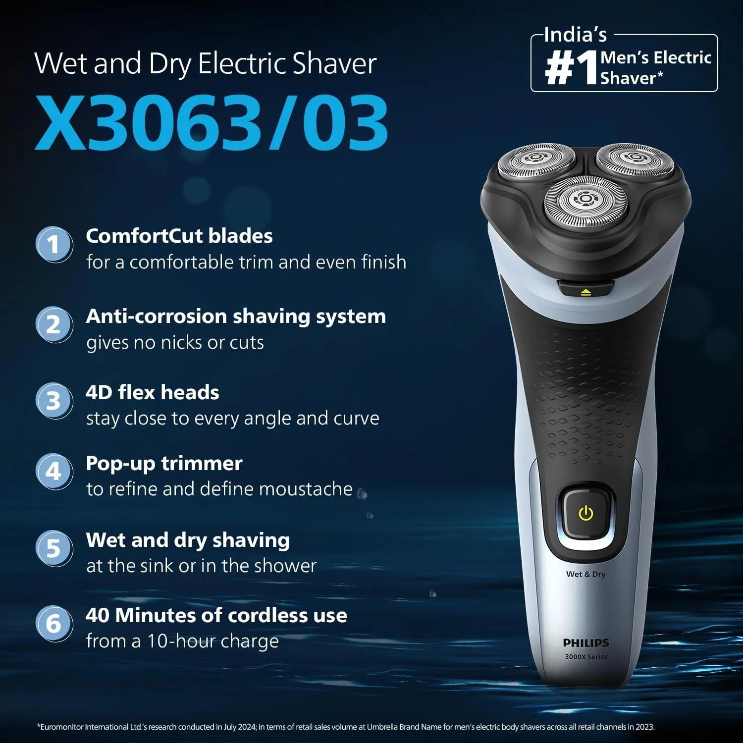 Philips New X3063/03 Cordless Electric Shaver, 4D Floating Heads, 27 Self Sharpening Blades, Waterproof, Upto 40mins runtime 2