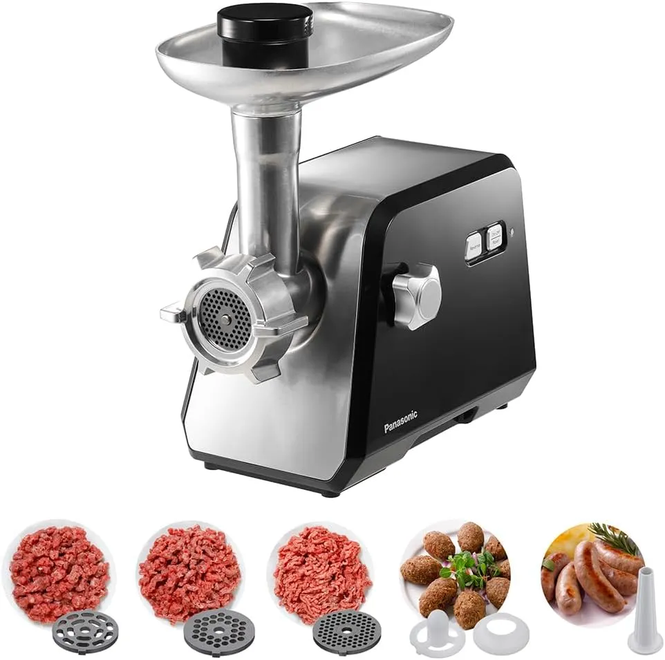 Panasonic 2000W Powerful Meat Grinder, 3.4Kg mincing/min, Durable Die-Cast Aluminium Hopper Plate, 3 Cutting Plates, Sausage & Kubbe Attachment,Cleaning Brush, Made in Japan Blade - MK-GX2010KTZ